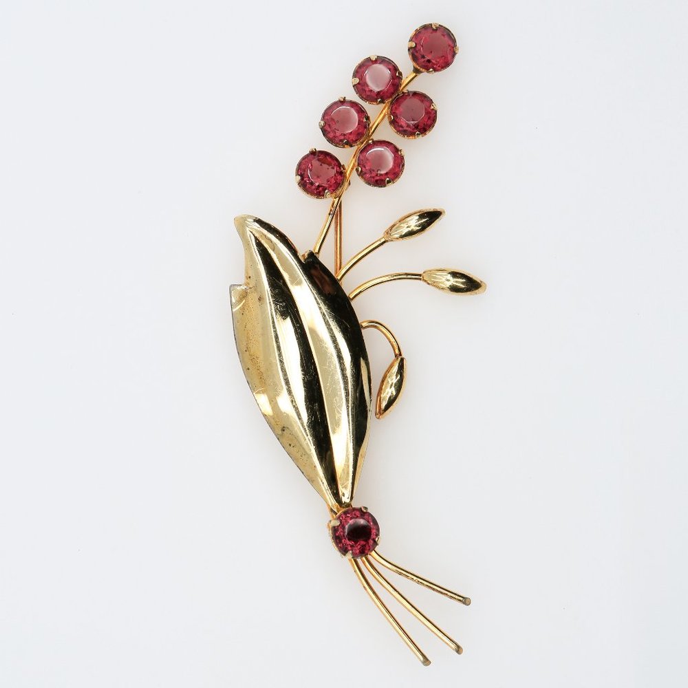 Vintage Star-Art Vermeil and Rhinestone Floral Spray Art Modene Brooch 1940s